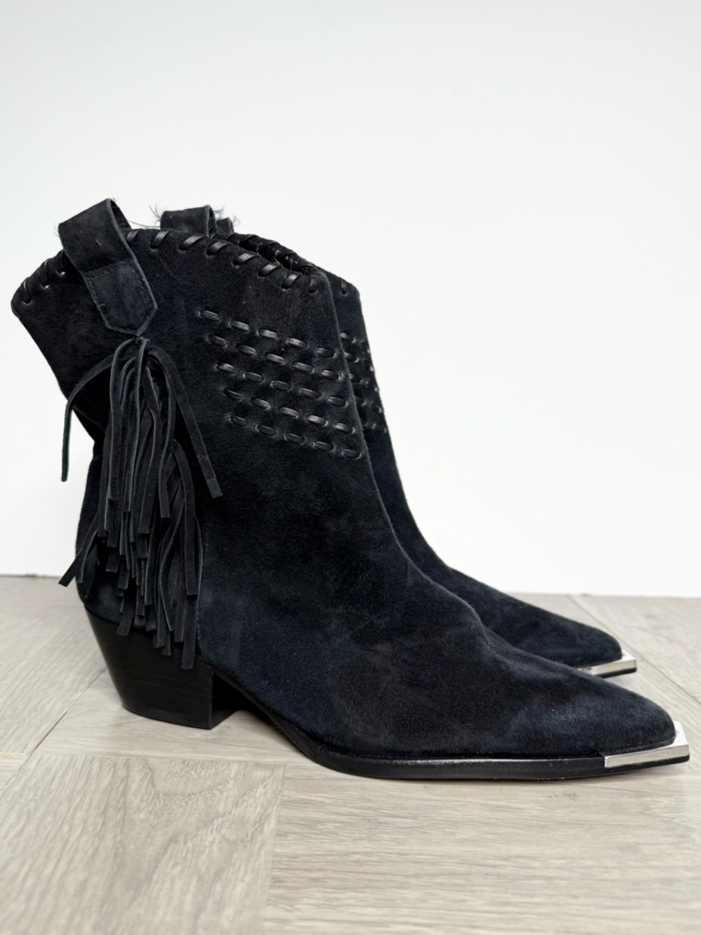 Schutz Alexxa Black Suede Fringe Boot 6 1/2 B